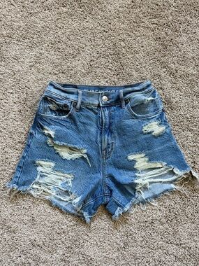 American Eagle Outfitters Distressed High-Rise Denim Shorts - Medium Blue